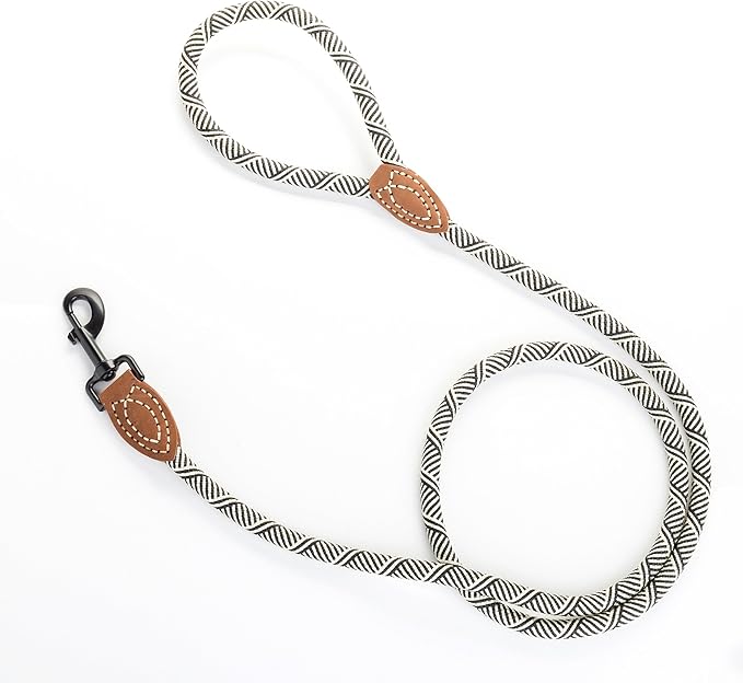 Mile High Life Rope Leash with Genuine Leather Connection, 6 FT/5 FT/4 FT, Heavy Duty Leash for Medium & Large Dogs (Black Beige, 72 Inch)