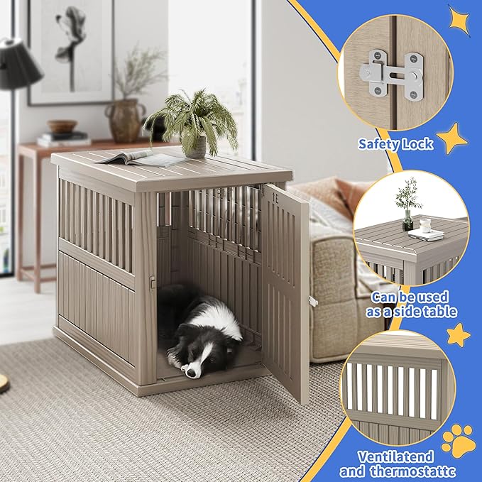 DRATO Dog House Resin Dog Kennel Furniture Weatherproof Functional End Table for Indoor Living Spaces & Outdoor Patios(Light Brown, Large (39.37 * 28.35 * 32.83))