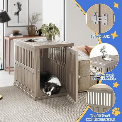 DRATO Dog House Resin Dog Kennel Furniture Weatherproof Functional End Table for Indoor Living Spaces & Outdoor Patios(Light Brown, Large (39.37 * 28.35 * 32.83))