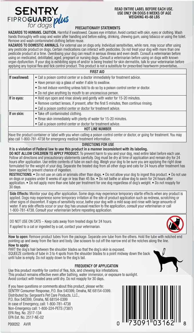 Sentry Fiproguard Plus for Dogs, Flea and Tick Prevention for Dogs (45-88 Pounds), Includes 3 Month Supply of Topical Flea Treatments