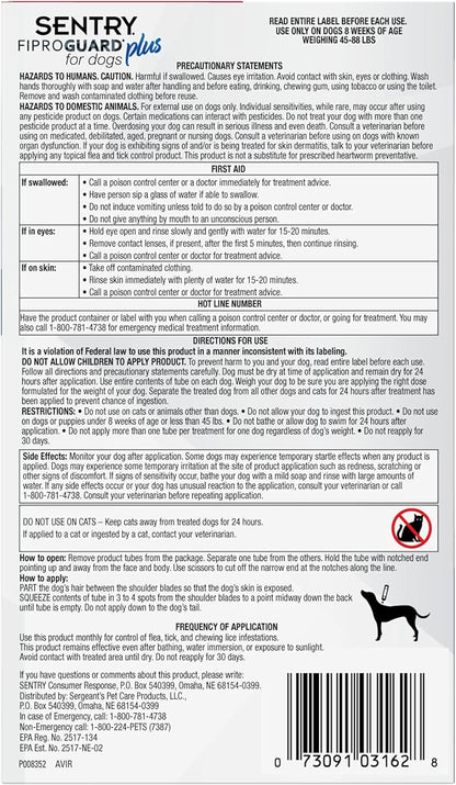 Sentry Fiproguard Plus for Dogs, Flea and Tick Prevention for Dogs (45-88 Pounds), Includes 3 Month Supply of Topical Flea Treatments
