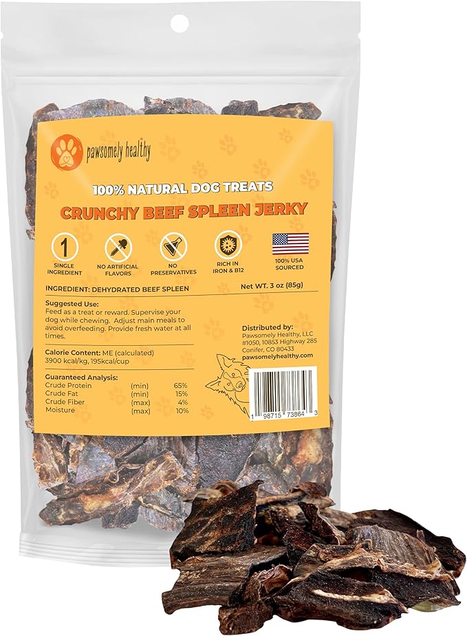 Pawsomely Healthy Crunchy Beef Spleen Jerky for Dogs – Natural Single-Ingredient Air-Dried Treat, High-Protein & Grain-Free, Made in USA - 3 oz