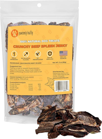 Pawsomely Healthy Crunchy Beef Spleen Jerky for Dogs – Natural Single-Ingredient Air-Dried Treat, High-Protein & Grain-Free, Made in USA - 3 oz