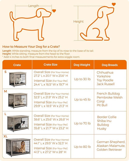 Feandrea 44.1" Dog Crate Furniture, Indoor Dog Cage Side End Table, XL Pet Wood Kennel for Large and Medium Dogs up to 80 lb with Multi-Purpose Removable Tray, Double-Door Pet House, Greige
