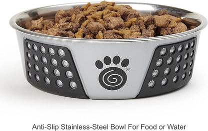 PetRageous 13099 Fiji Stainless Steel Non-Slip Dishwasher-Safe Dog Bowl 6.5-Cup Capacity 8.5-inch Diameter 2.75-inch Tall for Large and Extra Large Dogs, Light Grey and Black