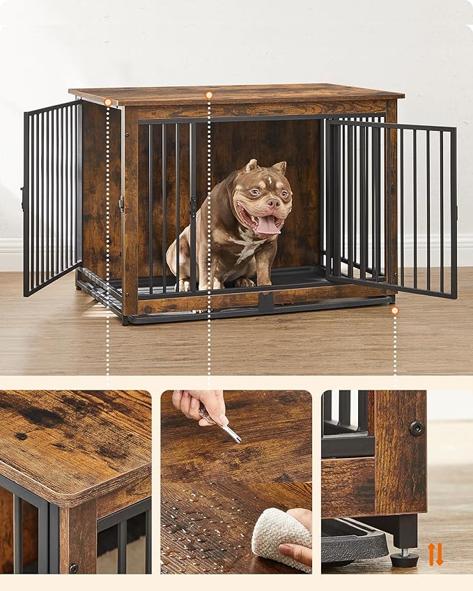 Feandrea 38.6" Dog Crate Furniture, Indoor Dog Cage Side End Table, XL Pet Wood Kennel for Large and Medium Dogs up to 70 lb with Multi-Purpose Removable Tray, Double-Door Pet House, Rustic Brown