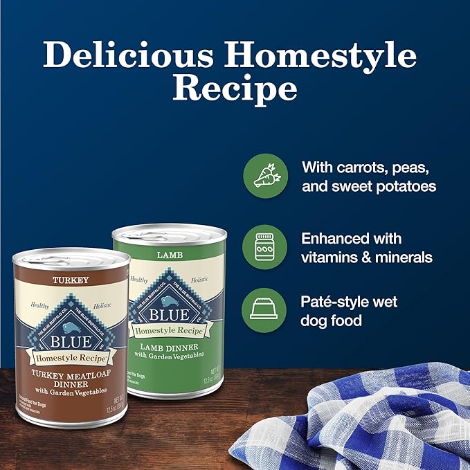 Blue Buffalo Homestyle Recipe Adult Wet Dog Food,Made with Natural Ingredients,Turkey and Lamb Dinner Variety Pack,12.5-oz Cans (,3 of Each),(Pack of 12)