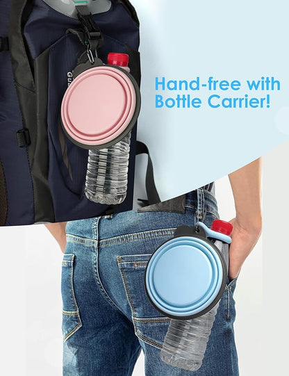 Aonkey Collapsible Dog Bowls with Bottle Carrier, 2 Pack Travel Dog Water Bowl Upgraded Carabiner, One-piece Molded Rim No Fall Off or Crack, Foldable Silicone Portable for Pets Walking Hiking 15oz