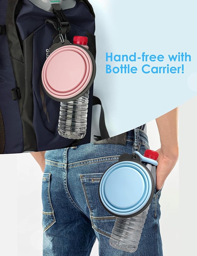 Aonkey Collapsible Dog Bowls with Bottle Carrier, 2 Pack Travel Dog Water Bowl Upgraded Carabiner, One-Piece Molded Rim No Fall Off or Crack 37oz, Blue & Pink