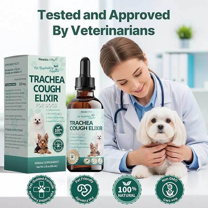 Collapsed Trachea Treatment for Dogs, Trachea Cough Elixir, Dog Cough Treatment –Natural Herbs Respiratory Support, Promotes Throat Comfort and Breathe Smoothly for Honking Cough, Gagging and Wheezing