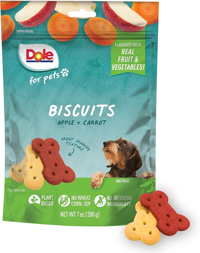 Dole for Pets Dog Biscuits Assorted Apple + Carrot Mix, Real Fruit and Vegetable Flavor Vegan Crunchy Treats, No Wheat Corn Soy or Artificial Additives, Bite Size Training Snacks for Dogs, 7 Oz
