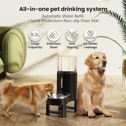 CZPET Elevated Dog Water Bowl Dispenser for Large Dogs,2.5 Gallon Tall Raised Pet Waterer Stand,Relieve Neck Pressure,Large Capacity and Drinking Area Noise-Free for Pets (9.5L+Stand,Black)