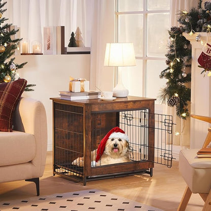 Dog Crate Furniture, 25.5" Small Dog Kennel Indoor, Wooden Cage with Pull-Out Tray, Double Doors Pet House Side End Table for Small/Medium Dogs, Rustic Brown BF642GW03G1