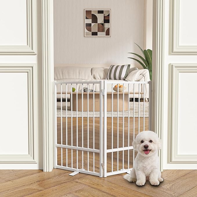 SNUOWU Full Metal Freestanding Dog Gate with Door, 32''Height Foldable Pet Dog Fence for Indoor & Outdoor, 2 Panels Extra Wide Free Standing TallDog Gates for Doorways,House,Stairs,Porch,Deck,Yard