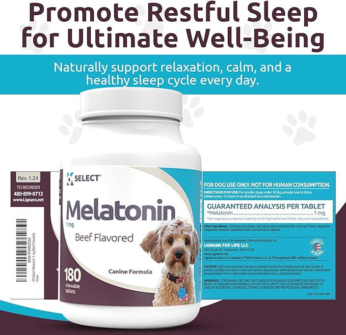 K9 Select Melatonin for Dogs - Calming Chews - Dog Melatonin for Sleep - Reduce Stress, Helps Overall Health Composure Calming Treats for Small Dogs - 1 mg, 180 Beef Flavored Chewable Tablets
