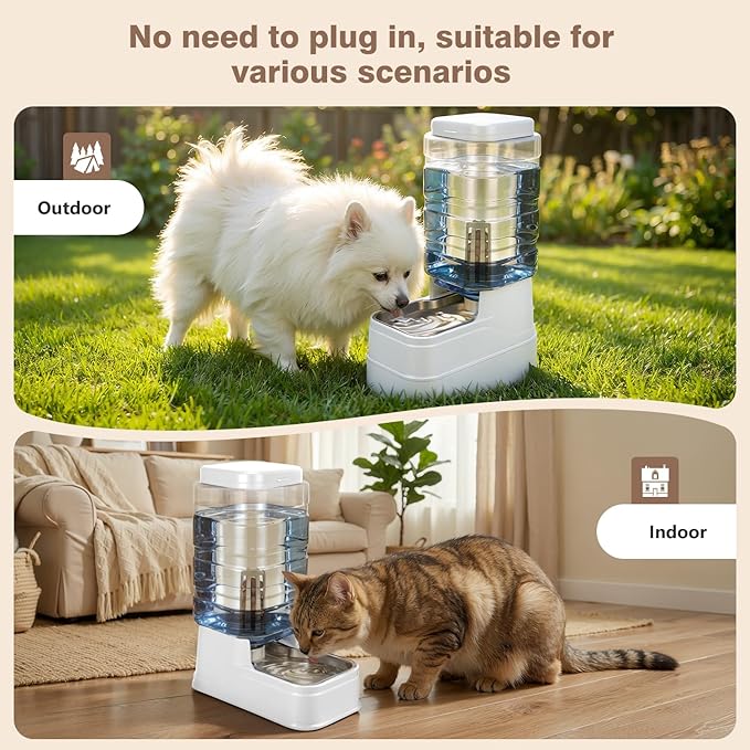 2.2 Gallon Pet Automatic Dog Water Dispenser Cat Gravity Waterer Feeder with Stainless Steel Bowl Large Capacity Puppy Feeding Raised Bowls with Filter,Ice Pack (White, 8L(2.2 Gallon))