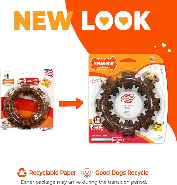 Nylabone Textured Ring Power Chew Toy for Large Dogs, Durable Dog Toys for Aggressive Chewers, Strong Dog Chew Bones To Keep Them Busy, Flavor Medley, X-Large - 50+ lbs, 1 Count