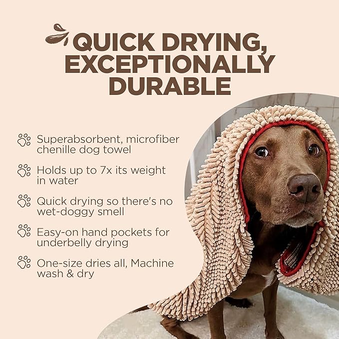 Soggy Doggy Super Shammy Dog Towel – Absorbent Microfiber Chenille Pet Towel for Drying Wet Dogs, Muddy Paws, Quick Dry Dog Shammy with Hand Pockets, Machine Washable – Beige/Red Trim, 31” x 14”
