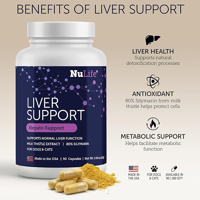 NuLife Hepato Support - Liver Support for Dogs and Cats with Silymarin - Contains Milk Thistle for Dogs & Cats and Vitamin B Complex (B1, B2, B6, B12) - Promotes Canine & Feline Hepatic Health - 90ct