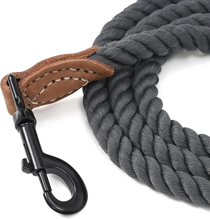 Mile High Life Dog Leash, Braided Cotton Rope Leashes with Leather Tailor Tip with Leather Tip - Heavy Duty Metal Clasp, 4FT, 1/2" Thick - Wedding, Walking for Medium Large Dogs(Dark Gray)