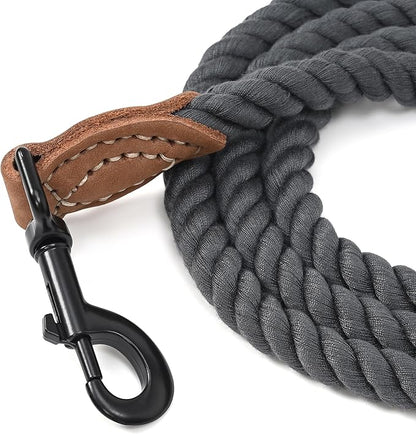 Mile High Life Dog Leash, Braided Cotton Rope Leashes with Leather Tailor Tip with Leather Tip - Heavy Duty Metal Clasp, 4FT, 1/2" Thick - Wedding, Walking for Medium Large Dogs(Dark Gray)