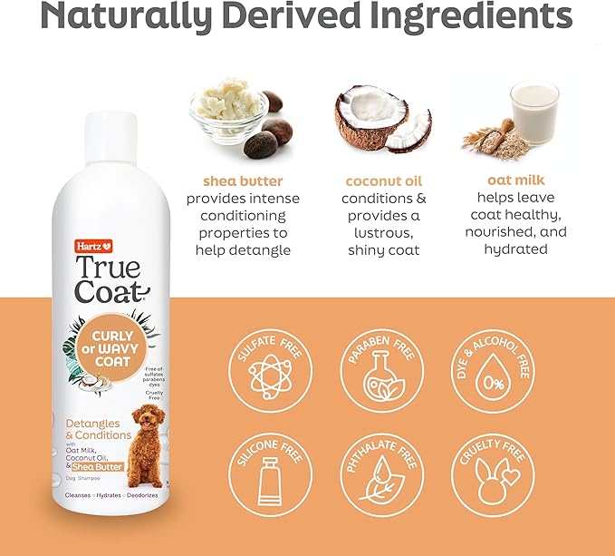 Hartz True Coat Curly or Wavy Dog Shampoo, 5 in 1 Detangles & Conditions with Oat Milk, Coconut Oil & Shea Butter, 16 oz