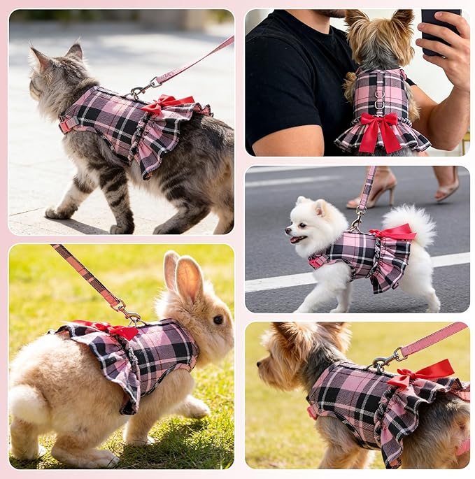 EXPAWLORER Dog Harness Small Medium Sized Dogs, Plaid Dog Dress Bowknot Harness and Leash Set, No Choke No Pull Soft Mesh Vest Cute Princess Puppy Outfits Clothes Costume for Girls Party Cats Pink S