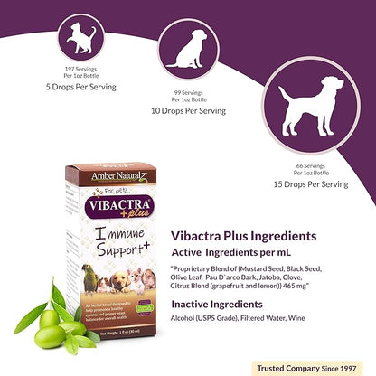 Amber NaturalZ Vibactra Plus Herbal Supplement for Dogs, Cats, Birds, Guinea Pigs, and Rabbits | Herbs for Immune Health and Yeast Balance | 1 Fluid Ounce Glass Bottle