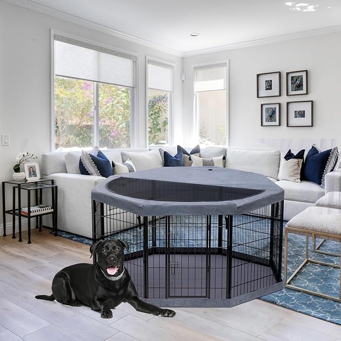 PETIME Dog Playpen,Metal Exercise Puppy Pen Heavy Duty Kennels Yard Fence Indoor/Outdoor 27" W x 32" H 8 Panels Dog Cage with Octagon Top Cover and Bottom Pad