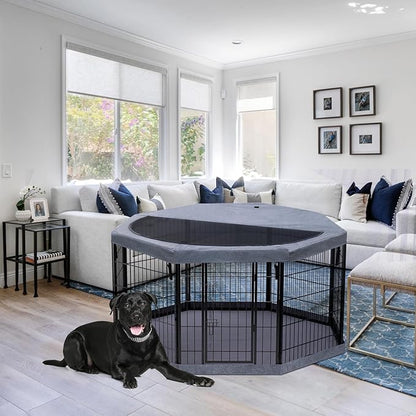 PETIME Dog Playpen,Metal Exercise Puppy Pen Heavy Duty Kennels Yard Fence Indoor/Outdoor 27" W x 32" H 8 Panels Dog Cage with Octagon Top Cover and Bottom Pad