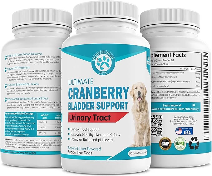 Wanderfound Pets Ultimate Cranberry Bladder UTI Support Supplement for Dogs - Dog Urinary Tract Infection Incontinence Formula with Cordyceps Mushroom - Bacon & Liver Flavor - 90 Chewable Tablets