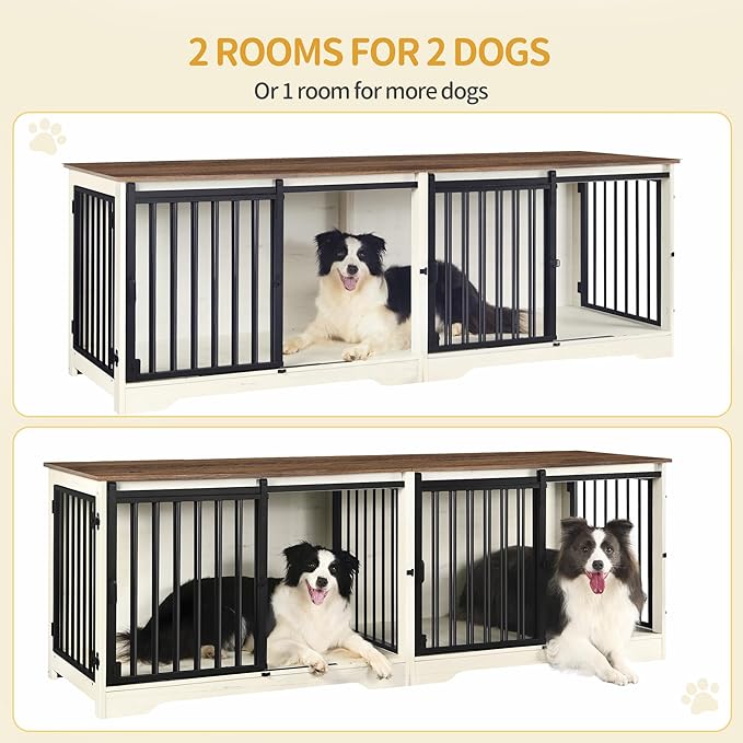 Hzuaneri 78" Dog Crate Furniture for 2 Dogs, Double Dog Cage with Divider, Wooden Heavy Duty Dogs Kennel, Pet Cage with Barn Door, TV Stand for Large Small Medium Dogs, White Brown DFC83714BV1