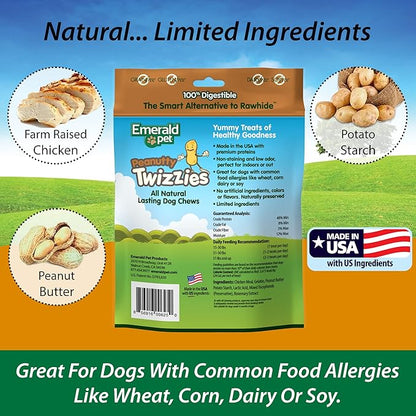 Emerald Pet Twizzies Rawhide Free 100% Digestible Natural Dog Lasting Chew Treats, Made in USA Size 6, Peanutty Peanut Butter Multipack