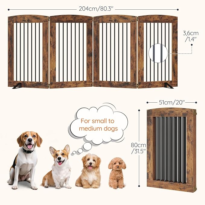 HOOBRO Indoor Dog Gate with Support Feet, 31.5 Inch 4 Panels, Freestanding Pet Gate for Doorway, Stairs, Folding Dog Fence, 360° Hinge for Easy Access, Sturdy Iron Pipe, Rustic Brown BF64PP03