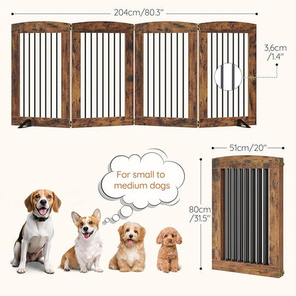 HOOBRO Indoor Dog Gate with Support Feet, 31.5 Inch 4 Panels, Freestanding Pet Gate for Doorway, Stairs, Folding Dog Fence, 360° Hinge for Easy Access, Sturdy Iron Pipe, Rustic Brown BF64PP03