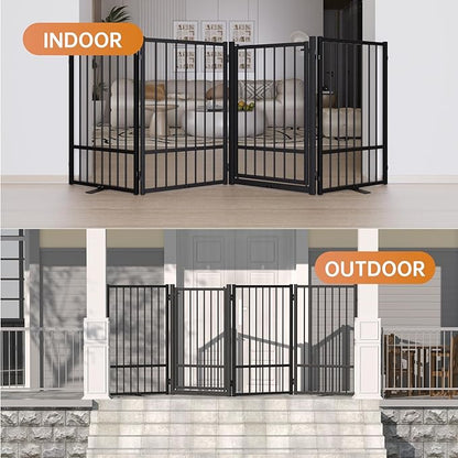 SNUOWU Full Metal Freestanding Dog Gate with Door, 32''Height Foldable Pet Dog Fence for Indoor & Outdoor, 2 Panels Extra Wide Free Standing TallDog Gates for Doorways,House,Stairs,Porch,Deck,Yard