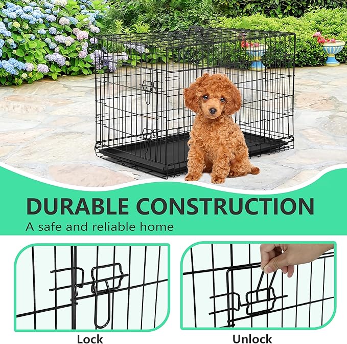 BestMassage Dog Crate Dog Kennel Cage with Double Door,24 inch Folding Metal Wire Dog Cage with Removable Tray&Divider Panel,Pet Crate for Small Dogs,Black