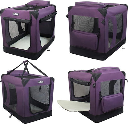 EliteField 3-Door Folding Soft Dog Crate with Carrying Bag and Fleece Bed (2 Year Warranty), Indoor & Outdoor Pet Home (24" L x 18" W x 21" H, Purple)