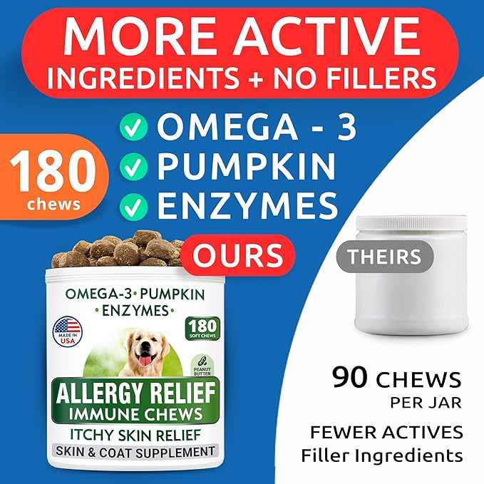 Allergy Relief + Omega 3 for Dogs - Oil Treats for Dog Shedding, Skin Allergy, Itch Relief, Dry Skin & Hot Spots Treatment, Joint Health - Skin and Coat Supplement - EPA & DHA Fatty Acids