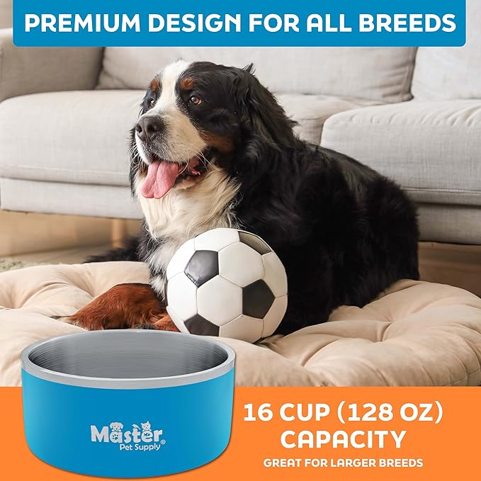 Master Pet Supply Stainless Steel Dog Bowls - 128 oz, Heavy Duty - True Blue, Double Wall Extra-Thick Insulated, Non-Slip Pet Water Bowl for Dogs, Cats & Pets, Anti Rust Metal, Dish Washer Safe