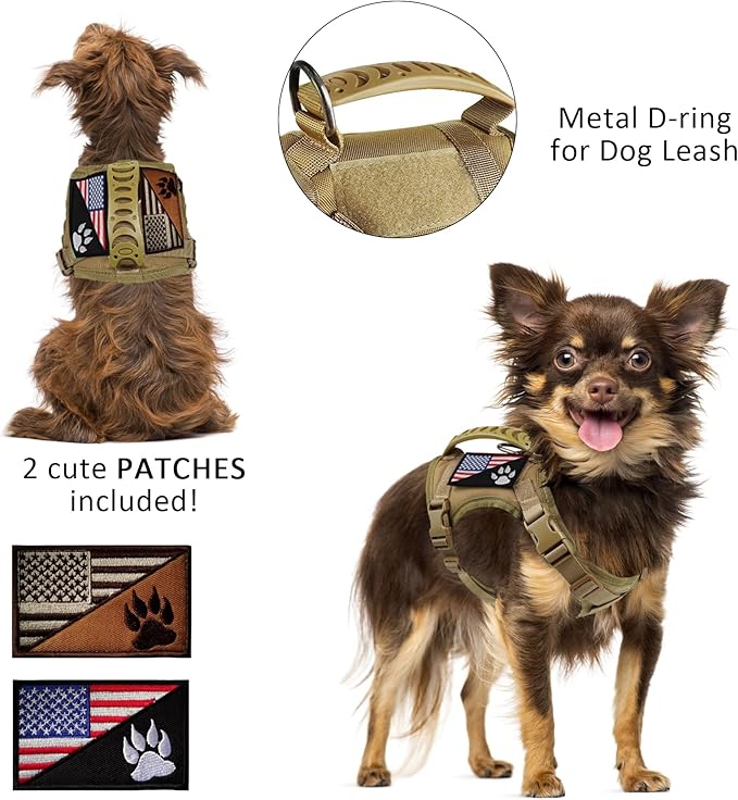 Tactical Dog Harness Tactical with Rubber Handle K9 Military Adjustable Puppy Pet Vest Harness for Outdoor Training XS (Brown Harness)