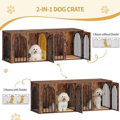 Hzuaneri 63" Dog Crate Furniture for 2 Dogs, Heavy Duty Indoor Dog Kennel TV Stand, L Wooden Dog Cage with Divider for Medium Large Dogs, End Table Dog Crate with Cushion, Rustic Brown DFC80901B