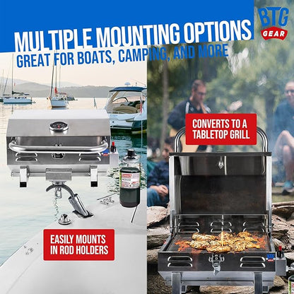 Tailwaves Marine Boat Grill w/Rod Holder Mount | Stainless Steel | Propane Boats & Tailgating & Camping | Built in Thermometer | Portable | Fold-away legs