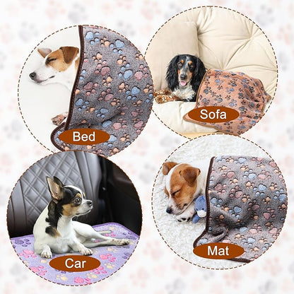 1 Pack 3 Blankets Super Soft Fluffy Premium Fleece Pet Blanket Flannel Paw Printed Throw for Dog Puppy Cat (Small 23x16'', Dark Coffee, Brown, Purple)