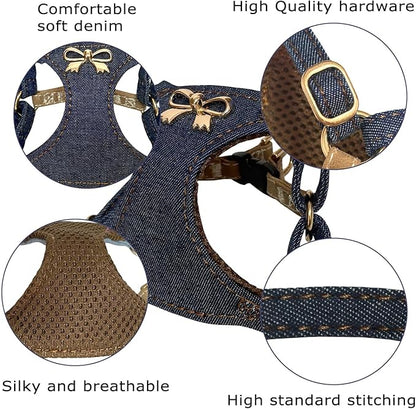 No Pull Dog Harness and Leash Set for Small Sized Dog Training Puppy Harnesses with Multifunction Dog Leash Soft Adjustable Denim No Choke Escape Proof Pet Harness for Small Medium Dog (Navy Blue XS)