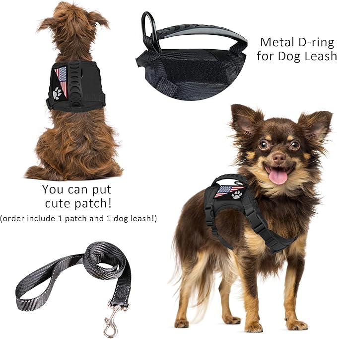 Tactical Dog Harness with Leash Tactical Puppy Vest with Rubber Handle K9 Military Adjustable Pet Harness for Outdoor Training XS Dog Harness (Black Harness with Leash)