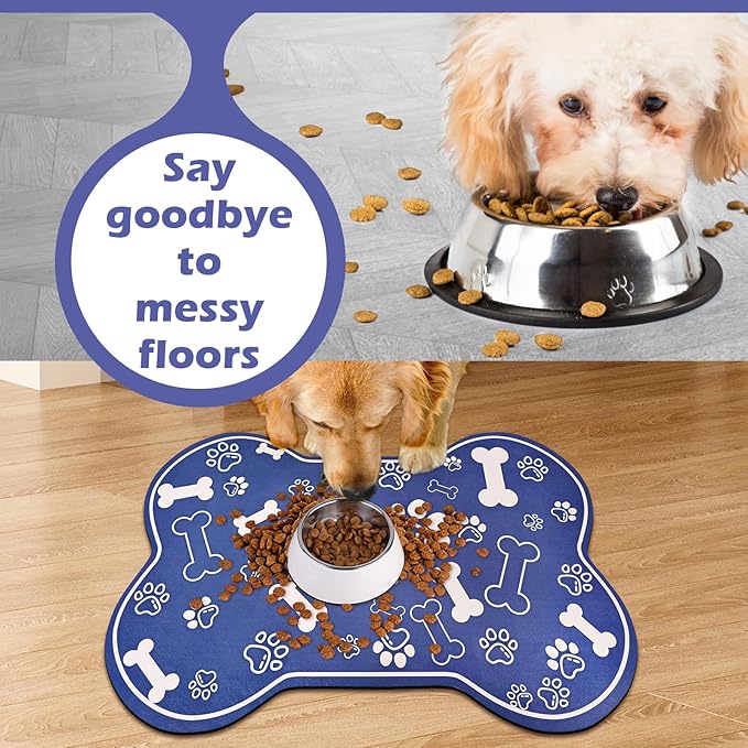 Dog Cat Mat for Food and Water,Rapid Absorbent Pet Feeding Mat, Bone Shaped Dog Placemat Bowl Mat with Rubber Backing,No Stains Pet Food Mats Indoor, Pet Accessories Supplies,Blue 16"×24"