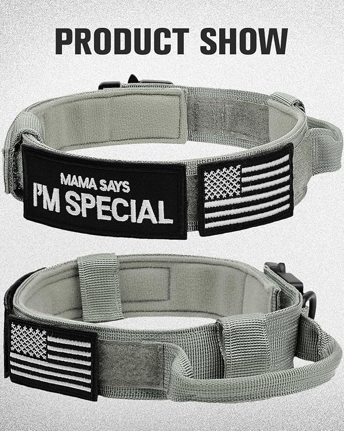 Joytale Tactical Dog Collar with Handle and Metal Buckle, Heavy Duty Padded Military Collar with 2 Patches for Training, Adjustable for XLarge Dogs, Gray, XL