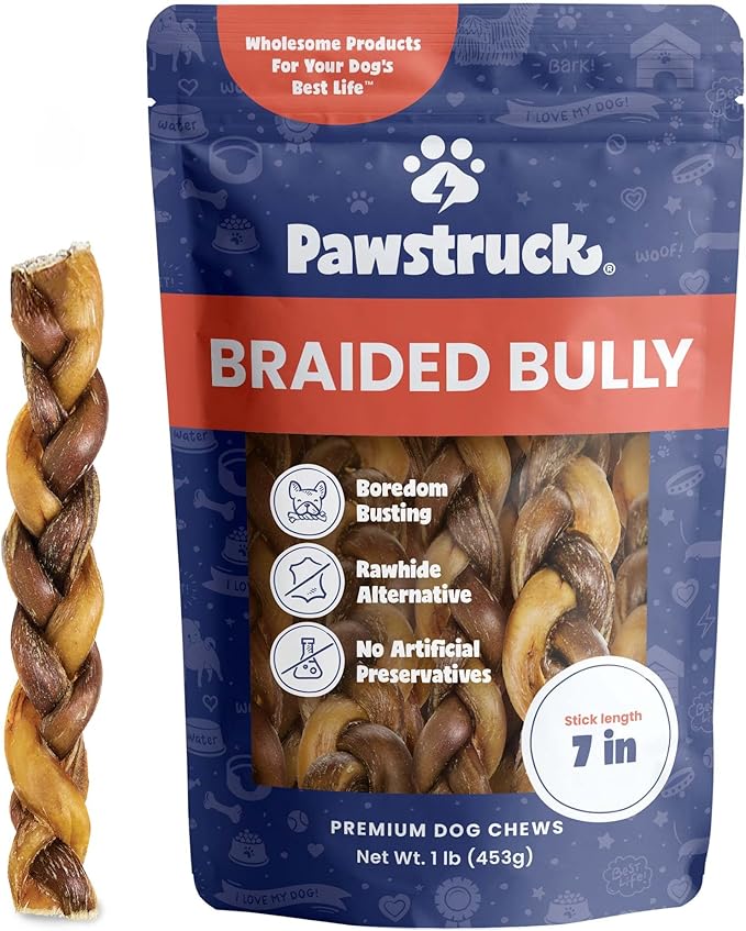 Pawstruck Natural 7" Braided Bully Sticks for Dogs - Long Lasting Rawhide Free Low Odor Single Ingredient Chew Treat for Aggressive Chewers - 1lb Bag