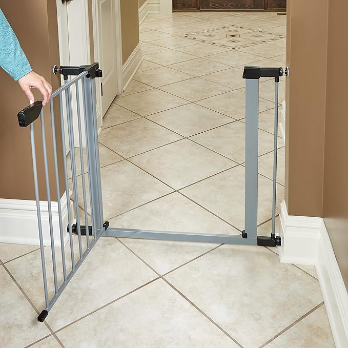 MidWest Homes for Pets 29-Inch High Walk-thru Pressure Mounted Gray Steel Dog Gate, Expands to 38 Inches Wide, No Damage to Walls, Includes 3-inch Extensions, For Small Pets